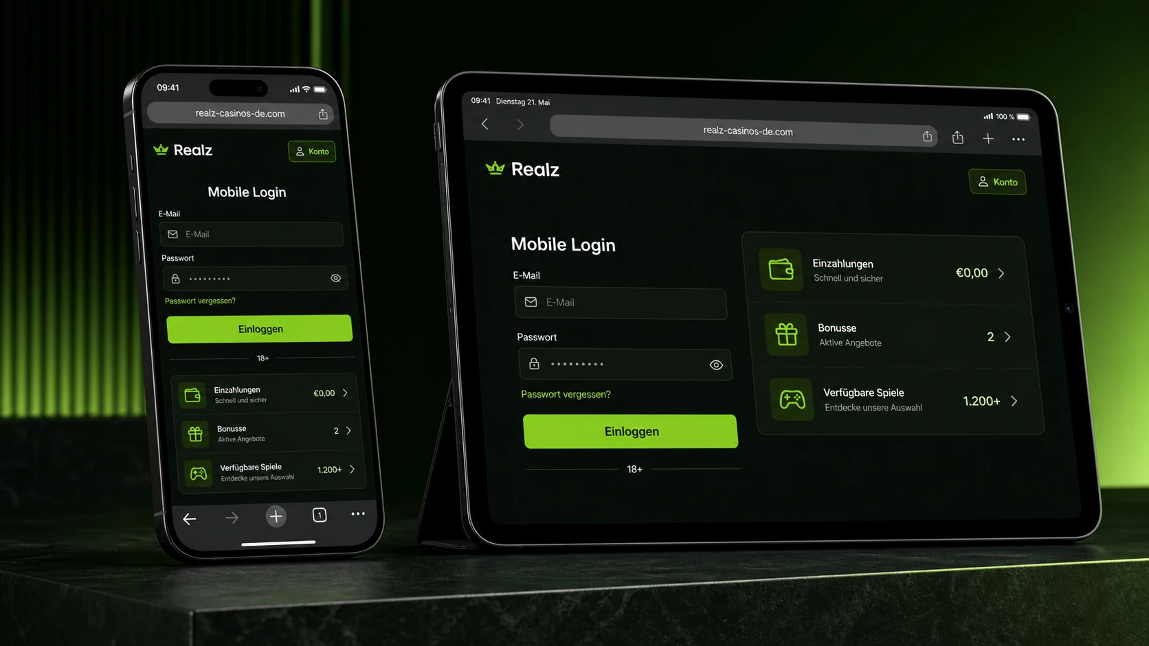 Realz Casino Login auf Smartphone und Tablet